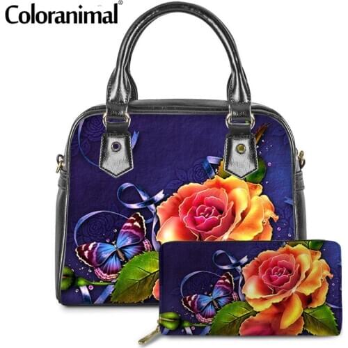 Coloranimal Vintage Flower Printing Tote Bag for Women 2Pcs/Set Handbag&Wallet&Chain High Qulity PU Leather Shoulder Bag 2021