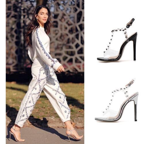 2019 Women Sandals Shoes Celebrity Wearing Simple Style PVC Clear Transparent Strappy Buckle Sandals High Heels Shoes Woman