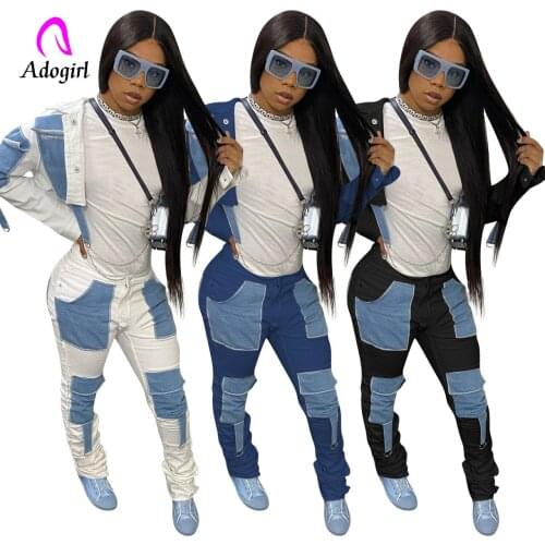 Denim Women 2 Piece Sets Autumn Casual Lapel Collar Single Breasted Crop Tops High Waist Pocket Patchwork Stacked Pants Outfits