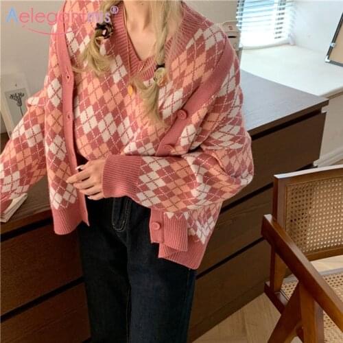 Aelegantmis Vintage V Neck Argyle Sweater Cardigan Women Pink Knitted Sweaters Vest Loose Casual Kawaii Plaid Sleeveless Jumpers
