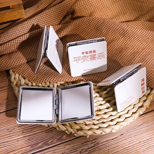 1pcs Portable Women Blessing text Makeup Mirror Hand Pocket Folded-Side Cosmetic Make Up Mirror Small Metal square Shapes Double