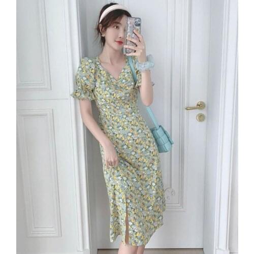2021 Sweet Daisy Floral Dress Women Elegant Cute Puff Sleeve Split Cottagecore Dress Summer Girl Chic Short Sleeve Fairy Dresses