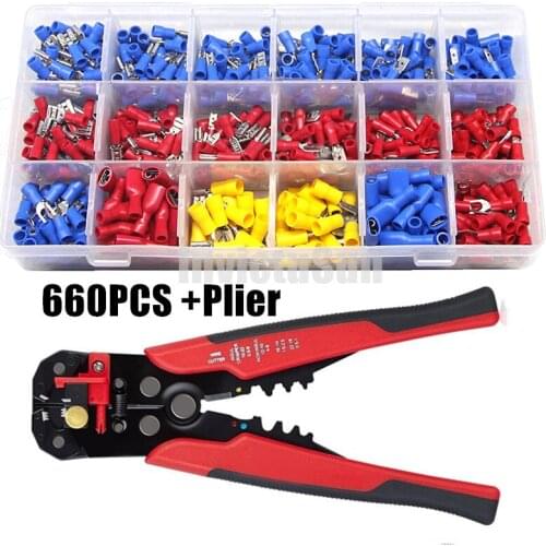 660PCS Insulated Cable Connector Female Male Electrical Wire Assorted Crimp Spade Butt Fork Terminals Kit + Wire Stripper Plier