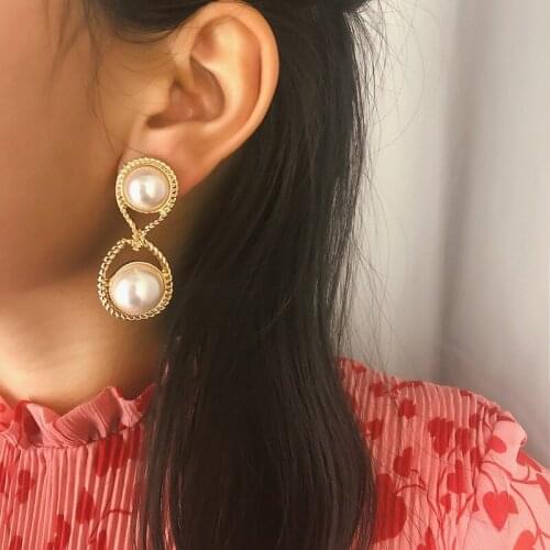 Abayabay Girl Stud Earring Artificial Pearl Women Hoop Drop Earrings Light Yellow Gold Color Cute Lovers Baroque Vintage Jewelry