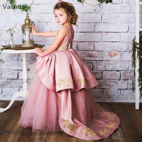 Ball Gown Flower Girl Dresses with Gold Appliques Formal Pageant Birthday Party Gowns Kids Couture