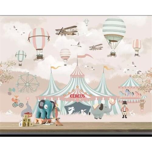 Beibehang Large 3d Wallpaper 3 photo Cartoon Hot Air Balloon Airplane Animal Pup Circus Playground Background Wall 3d wallpaper