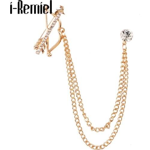 Korean New Bows and Arrows Tassel Chain Collar Brooch Crystal Clothes Suit Shirt Lapel Pin Accessories for Men and Women