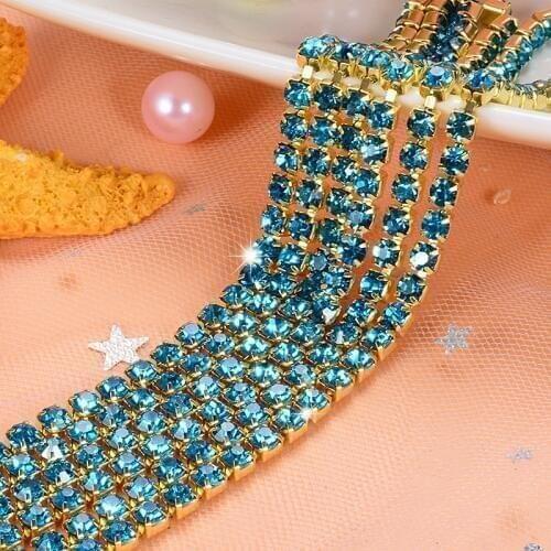 5yard/piece Peacock blue Glass Crystal sew on rhinestones Chain gold bottom Diy Clothing accessories SIJISHUIZUAN