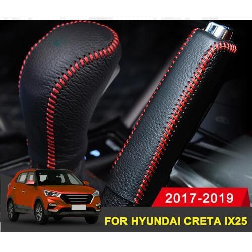Genuine Leather Covers For Hyundai creta ix25 2017-2019 Accessories Car handbrake Gear Head Shift Knob Cover Gear Shift Cover