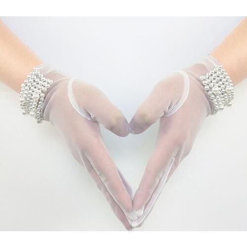 Elegant Sheer Tulle Womens Wrist Length Short Bridal Gloves With Pearls For Wedding Dress Finger Gloves ST328