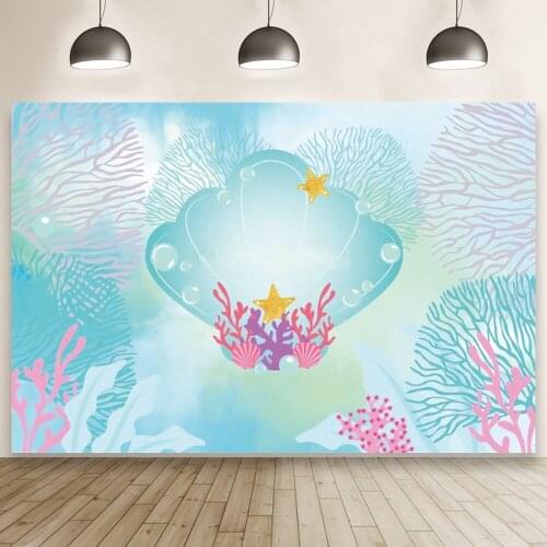 Fantasy Seabed Blue Shell Cartoon Coral Background Studio Baby Shower Kids Birthday Photography Banner Booth Wallpaper Props