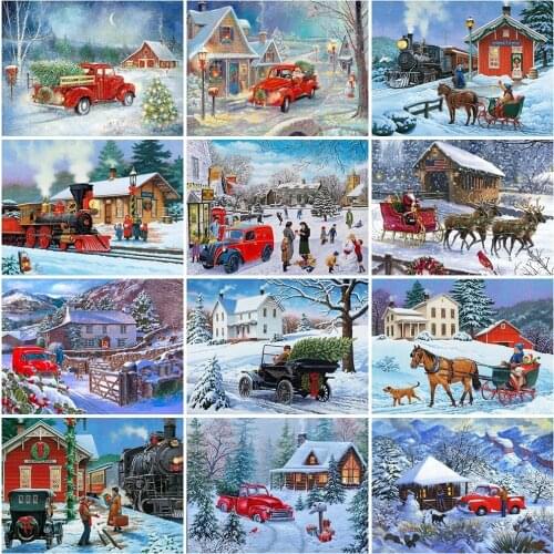 Diamond Painting Christmas Winter Snow Scene Car 5D Diy Full Cross Stitch Diamond Embroidery Landscape Craft Kit Home Decor Gift