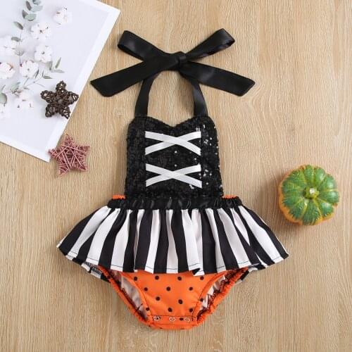 Halloween Baby Girls Romper Sequined Stripes Ruffles Sleeveless Backless Rompers Newborn Jumpsuit Infant Clothing