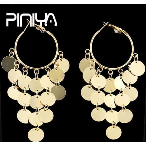 Fashion Tassel Sequins Big Round Coin Dangle Earrings Set For Women Crystal Beads Drop Earring Gold Color Statement Jewelry