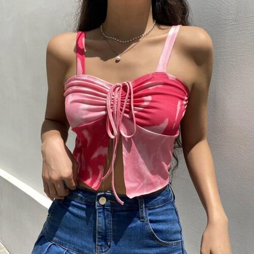 Corset Top Exposed Navel Camisole Tank Top Personality Splicing Tie-Dyed Color Contrast Sexy Drawstring Crop Top