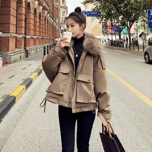 Female Jacket 2020 Autumn Winter Fur Collar Cotton Short Work Clothes Thick Warm Loose Casual Oversized Parka Coat B08