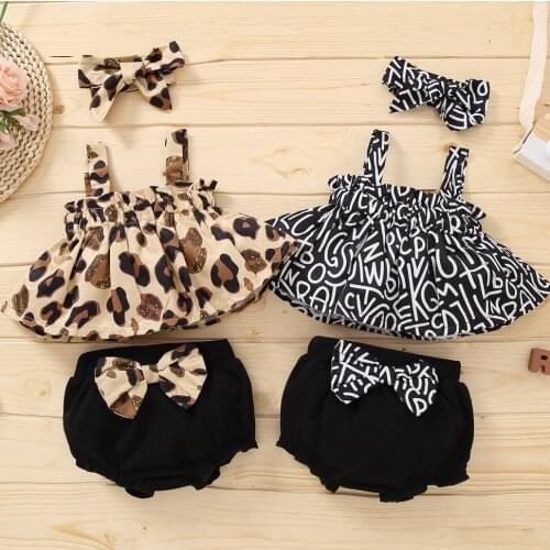 Little Bebes Clothes Summer Girl Sets Fashion Leopard-Print Halter Tops Bow Shorts Girls 3Pcs Clothing matching baby Outfits Set