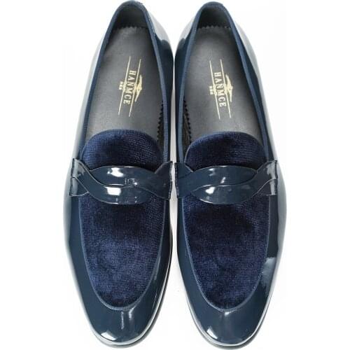 Mens Patent Leather Blue Dress Shoes Fashion Velvet Loafers Grooms Wedding Shoes Slip On Smoking Moccasin Slippers Suit