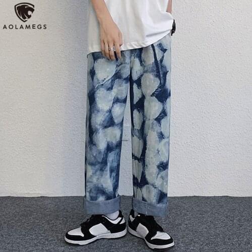 Aolamegs Men Jeans Tie-dye Loose Hip Hop Baggy Jeans High Street Harajuku Streetwear Unisex Retro All-match Denim Pants Big Size