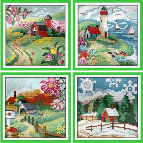 The suburban four seasons cross stitch kit autumn fall count 14ct 11ct hand embroidery DIY handmade needlework supplies bag