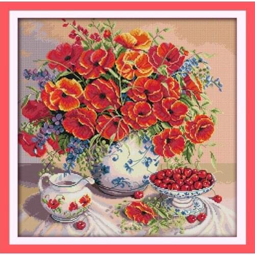 Poppy and Cherry Plant Crossing Pattern Chinese Embroidery Counted Cross Stitch Kit Needlework Decoration for Home Punto De Cruz