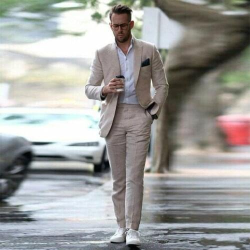 2021 New Linen Summer Beach Wedding Slim Fit Men Suits Groom Peaked Lapel Bridegroom Suits Costume Homme 2 Piece(Jacket+Pant)
