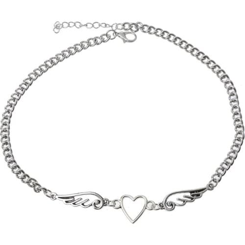 Punk Hollow Out Heart Feather Metal Choker Necklace Women Girl Harajuku Angel Feather Pendant Necklace Fashion Jewelry