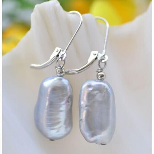 P7213 20mm Gray DENS Biwa Freshwater Pearl Dangle Earring 925SC