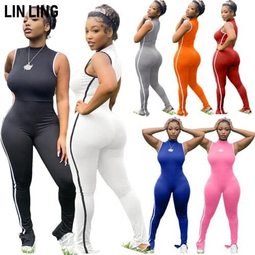 LINLING Back Zipper Sexy Stripe Stitching Split Design Sleeveless Tight Stretch Hip Lifting Sports Casual Jumpsuit