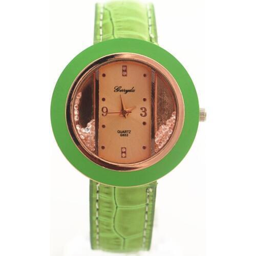 Promotion price!PVC leather band,moving sand stone,plastic ring deco on case,Gerryda fashion lady quartz leather watches