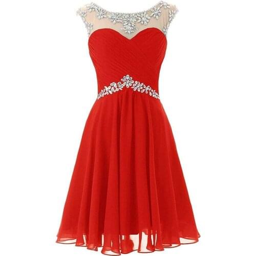 Stunning Red Homecoming Dresses Scoop Neck Sleeveless Prom Gowns Chiffon with Crystal Backless Party Dresses Graduation Gowns