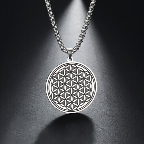 Skyrim Vintage Mandala Black Flower of Life Necklace for Men Women Stainless Steel Box Chain Necklaces Party Jewelry 2021 New