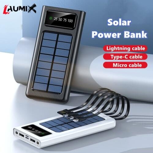 Solar power bank 20000 mAh USB Micro TYPE-C Lightning Cable Portable Charger LED flashlight 4 ports Power Bank for android IOS