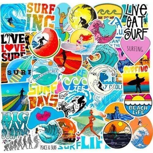 50PCS Surfing Outdoors Beach Stickers Car Motorcycle Travel Luggage Phone Guitar Skateboard Waterproof Classic Toy Cool Stickers