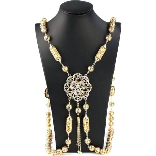 Sunspicems Gold Color Morocco Metal Bead Body Chain For Women Chest Shoulder Necklace Full Rhinestone Flower Pendant 2021