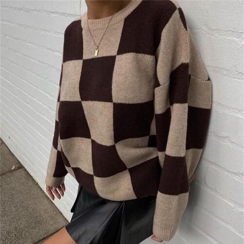 Foridol Plaid Pull Oversize Women Autumn Winter Checked Sweater Jumper Vintage Basic Casual Pullovers Femme Khaki Sweater Top