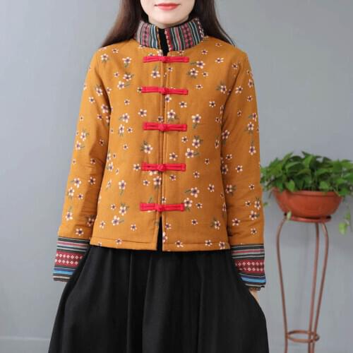 Chinese Traditional Clothes Tang Suit Women Plus Size Thicken Jacket Cotton Linen Embroidery Flower Stand Collar Ethnic Coat
