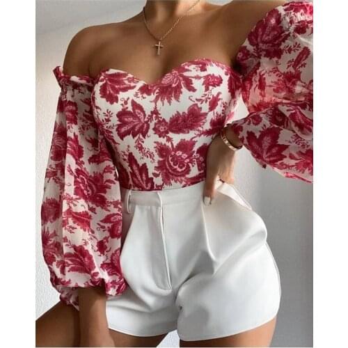 Spring and Autumn Womens T-shirt Flower Print Fashion Sexy Long Sleeve Slash Neck Slim Top