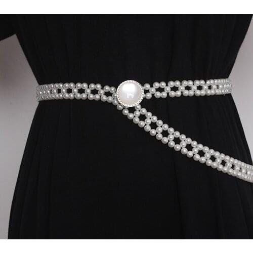 Hollow Out Weaving Pearl Waist Belt for Women Elegant Ladies Sweater Dress Pearl Waistband Strap Hook Buckle Femme Ceinture 2021