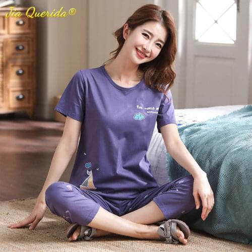 Plus Size Lingere Pajamas for Women Summer Short Sleeved Long Pants Cotton Sleepwear Big Size for Up To 110kg Purple Pijamas New