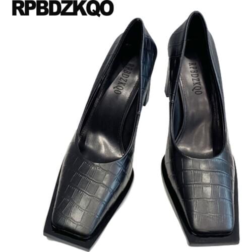 Snake Runway Thick Prom Shoes 2021 White Pumps Genuine Leather Square Toe Snakeskin Catwalk High Heels Brand 8cm Ladies Black