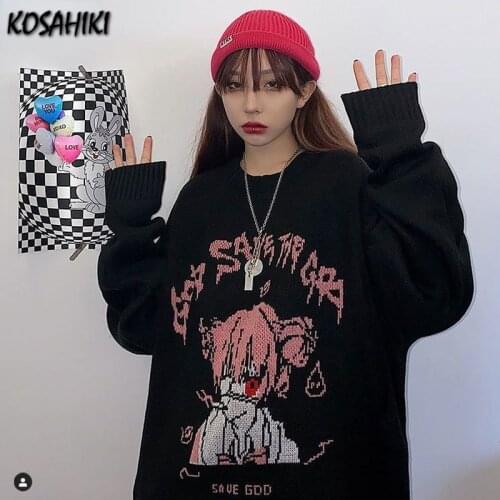 KOSAHIKI Black Sweater Women Harajuku Cartoon Girl Knitted Pullover 2021 New Fashion Pull Femme Korean Ulzzang Jumper