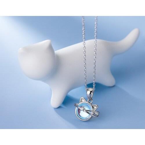 Real 925 Sterling Silver Necklace for Women Teen Girls Cute Cat Pendant Necklaces Korean Jewelry Sweet Kid Gifts