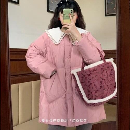 Winter Women Solid Peter Pan Collar Pink Warm Coat Lady Kawaii Overcoat Jacket Parkas Female Pocket Padded Cute Coats