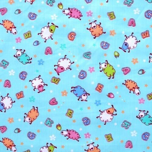 1 yard Cotton Twill Fabric for sewing pathwork, cloth, bedding - Sheep,stratberry and letters (blue) (width=160cm)