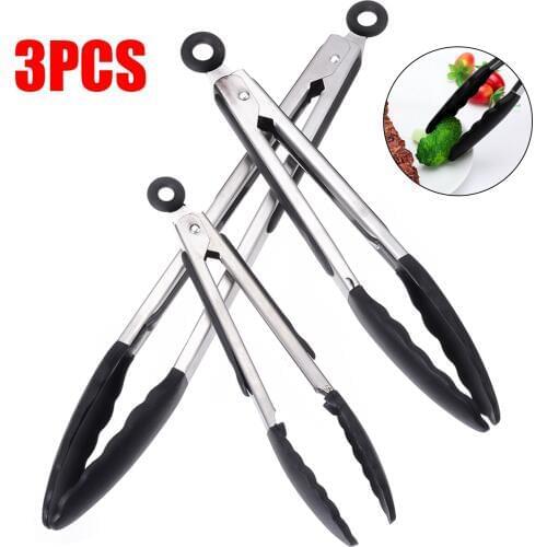 3pcs Mayitr Kitchen Cooking Tongs Stainless Steel Easy Clean Bread Vegetable Meat Tongs Home BBQ Tools