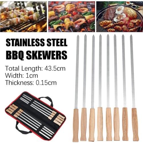 6-8PCS/Set Stainless Steel Wire BBQ Skewers Wood Handle Grill Roasting Sticks Outdoor Camping BBQ Tools Storage Bag Kit