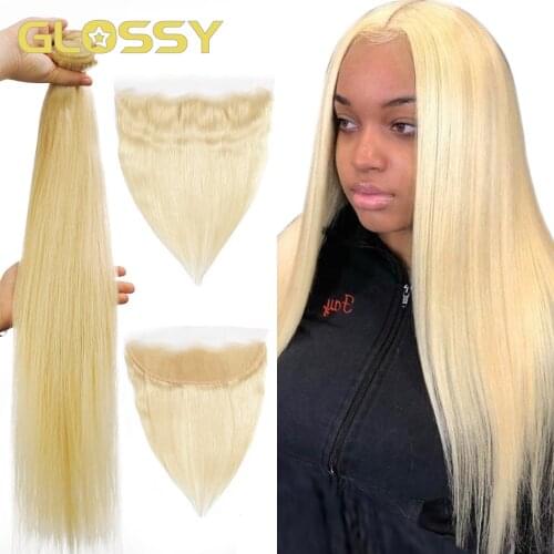 GLOSSY Straight Human Hair Bundles with 13x4 Transparent Lace Frontal Closure 613 Blonde 3 4 Brazilian Human Hair Weaves Bundles