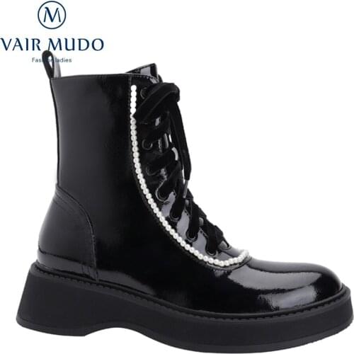 VAIR MUDO Ankle Boots Shoes Thick Bottom Round Toe Black Elegant Fashion Motorcycle Boots Lace Up Concise Footwear Shoes DX91L
