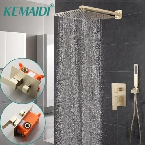 KEMAIDI Luxury Bathroom Shower Set Brushed Gold Rainfall Wall Mounted Solid Brass Ultrl-thin Square Shower Head Hand Faucet